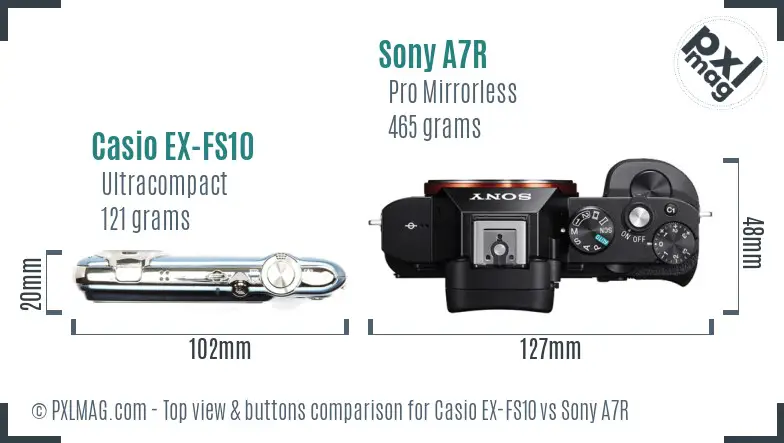 Casio EX-FS10 vs Sony A7R top view buttons comparison