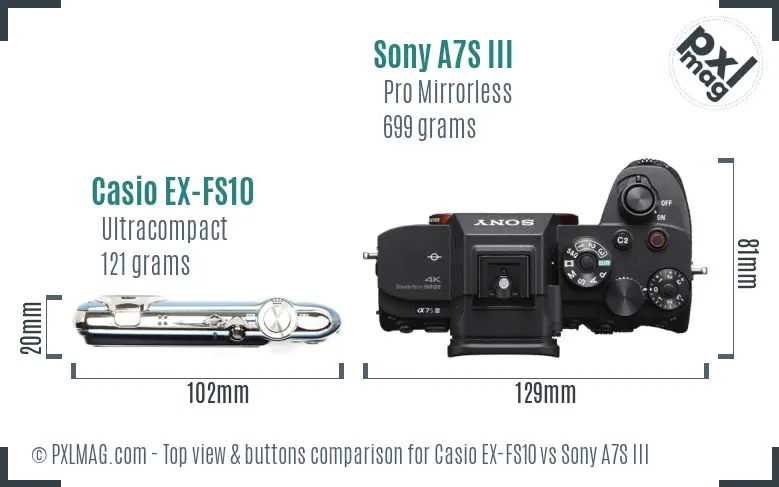 Casio EX-FS10 vs Sony A7S III top view buttons comparison