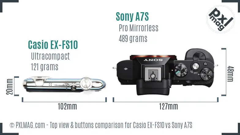 Casio EX-FS10 vs Sony A7S top view buttons comparison