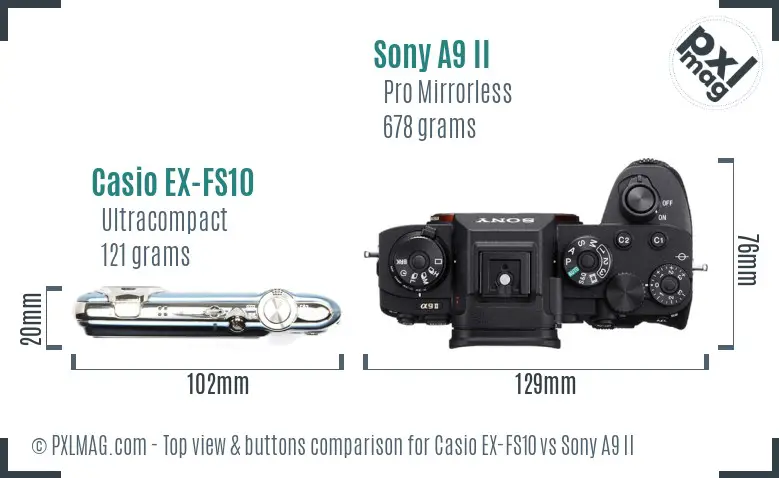 Casio EX-FS10 vs Sony A9 II top view buttons comparison Casio EX-FS10 vs Sony A9 II top view buttons comparison