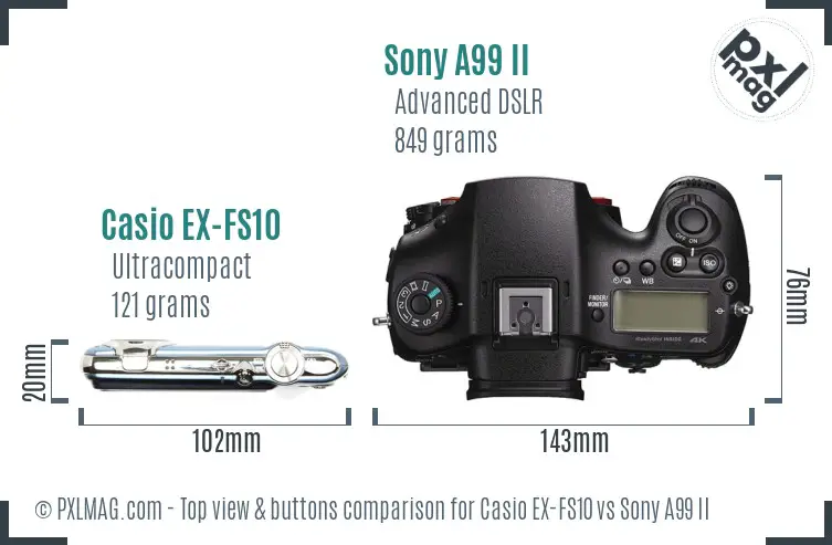 Casio EX-FS10 vs Sony A99 II top view buttons comparison Casio EX-FS10 vs Sony A99 II top view buttons comparison