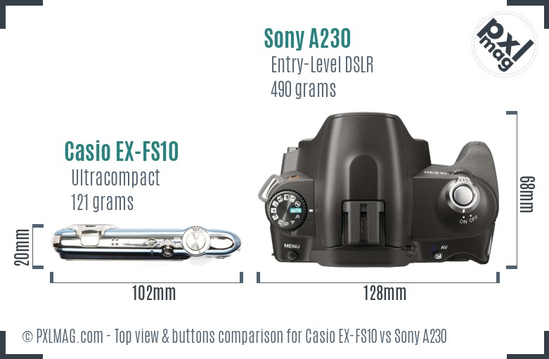 Casio EX-FS10 vs Sony A230 top view buttons comparison