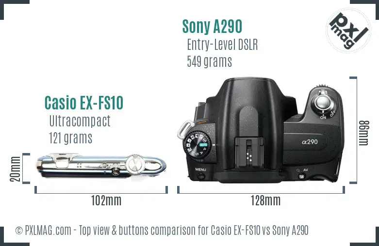 Casio EX-FS10 vs Sony A290 top view buttons comparison Casio EX-FS10 vs Sony A290 top view buttons comparison