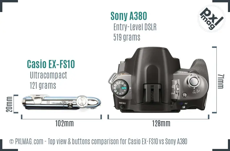 Casio EX-FS10 vs Sony A380 top view buttons comparison Casio EX-FS10 vs Sony A380 top view buttons comparison