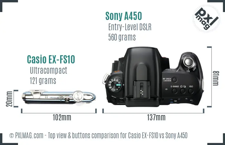 Casio EX-FS10 vs Sony A450 top view buttons comparison