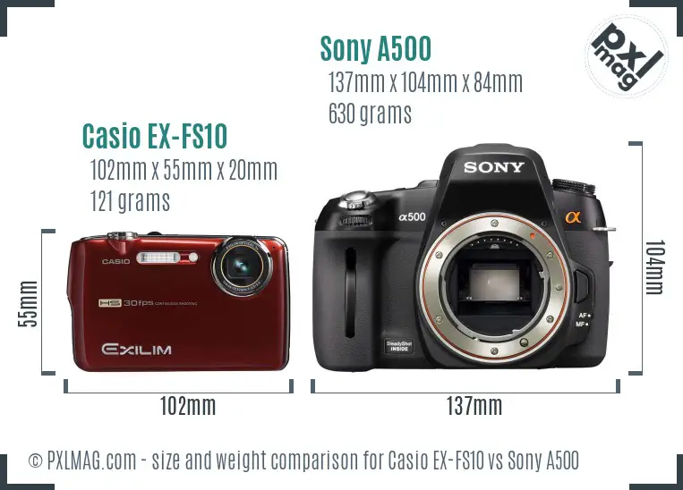 Casio EX-FS10 vs Sony A500 size comparison