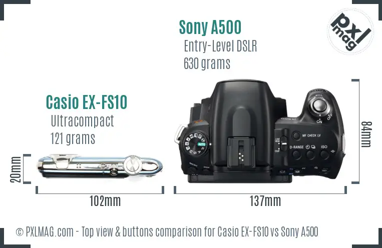 Casio EX-FS10 vs Sony A500 top view buttons comparison