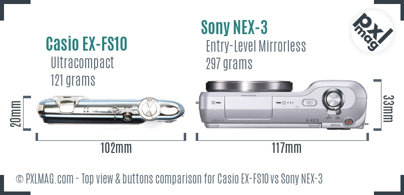 Casio EX-FS10 vs Sony NEX-3 top view buttons comparison