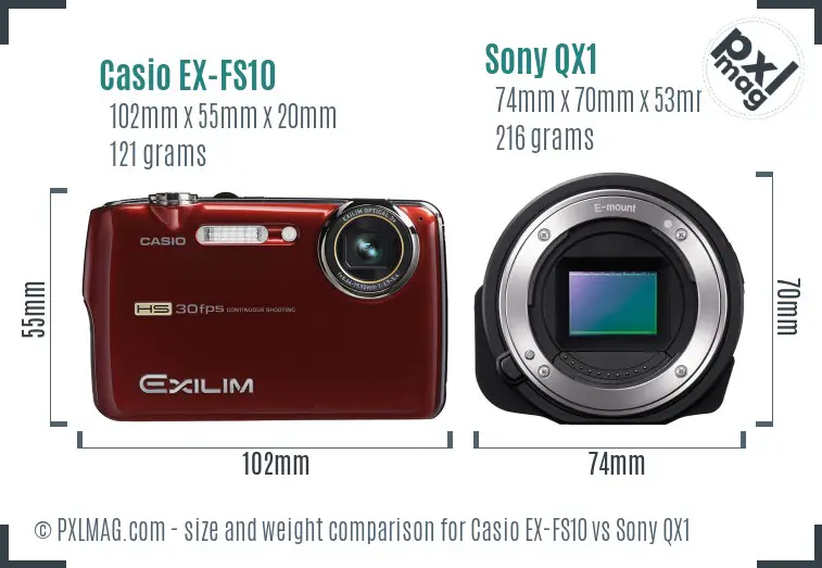 Casio EX-FS10 vs Sony QX1 size comparison