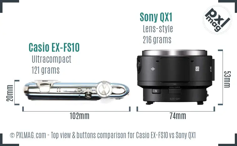Casio EX-FS10 vs Sony QX1 top view buttons comparison
