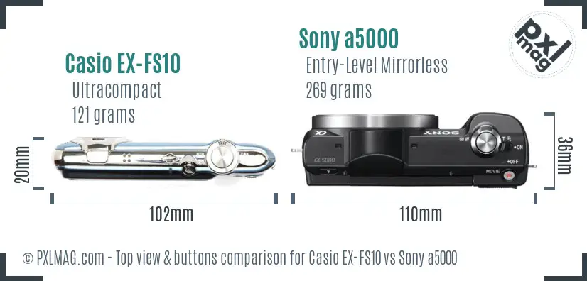 Casio EX-FS10 vs Sony a5000 top view buttons comparison