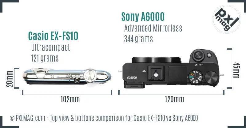 Casio EX-FS10 vs Sony A6000 top view buttons comparison