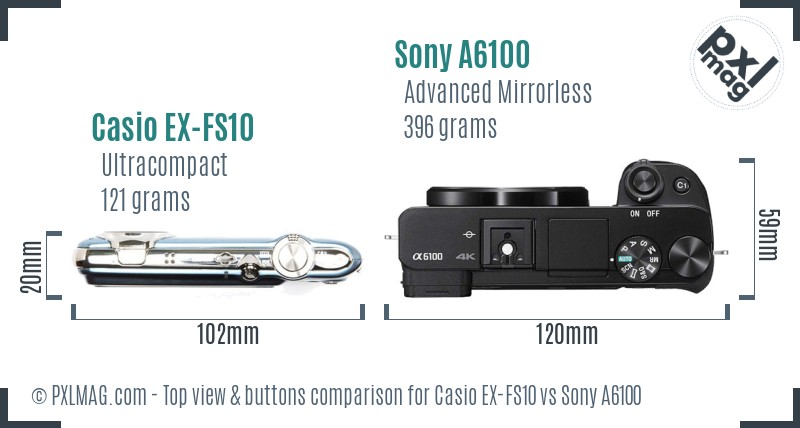 Casio EX-FS10 vs Sony A6100 top view buttons comparison