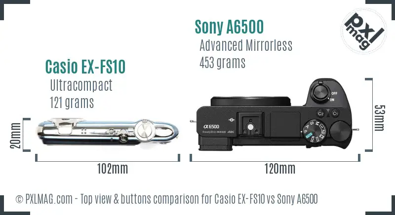 Casio EX-FS10 vs Sony A6500 top view buttons comparison