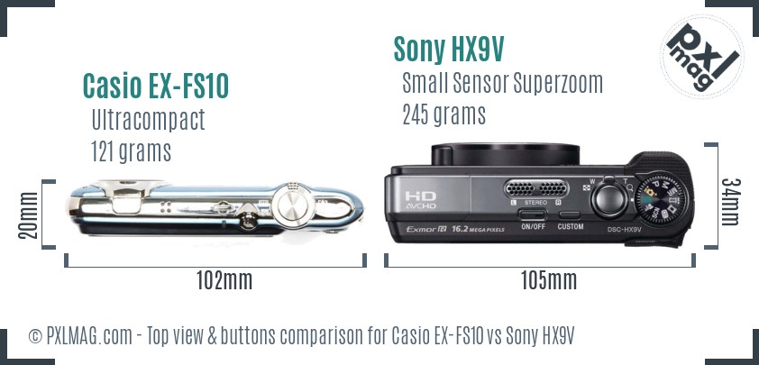 Casio EX-FS10 vs Sony HX9V top view buttons comparison
