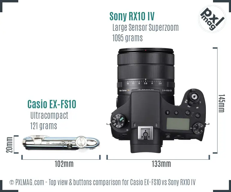 Casio EX-FS10 vs Sony RX10 IV top view buttons comparison Casio EX-FS10 vs Sony RX10 IV top view buttons comparison