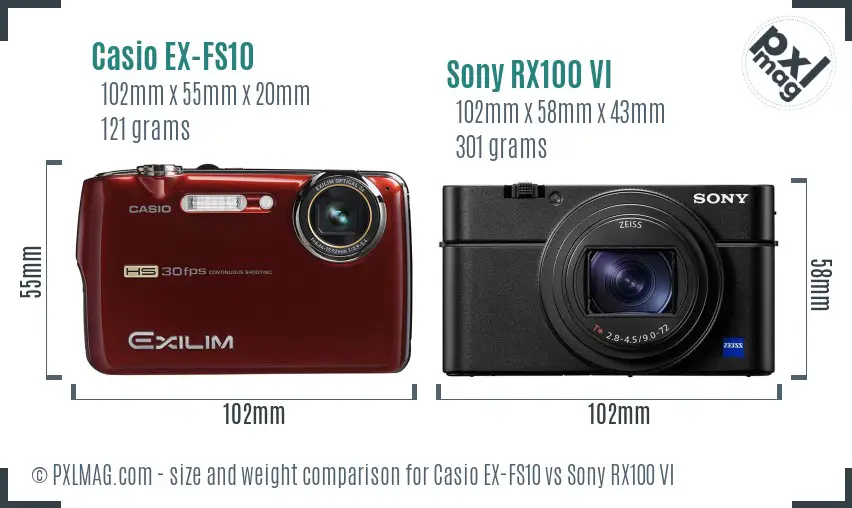 Casio EX-FS10 vs Sony RX100 VI size comparison