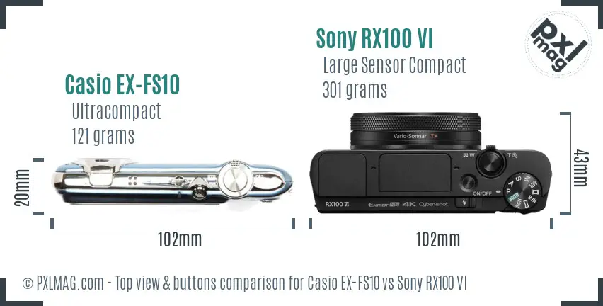 Casio EX-FS10 vs Sony RX100 VI top view buttons comparison