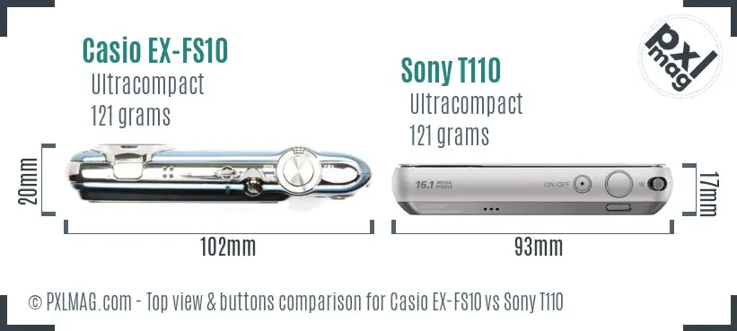 Casio EX-FS10 vs Sony T110 top view buttons comparison