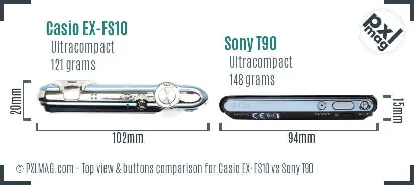Casio EX-FS10 vs Sony T90 top view buttons comparison Casio EX-FS10 vs Sony T90 top view buttons comparison