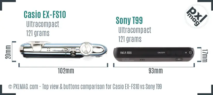 Casio EX-FS10 vs Sony T99 top view buttons comparison