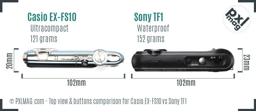 Casio EX-FS10 vs Sony TF1 top view buttons comparison Casio EX-FS10 vs Sony TF1 top view buttons comparison