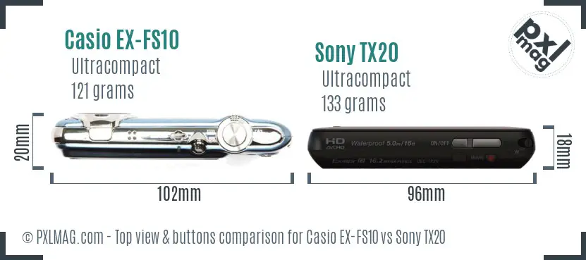 Casio EX-FS10 vs Sony TX20 top view buttons comparison