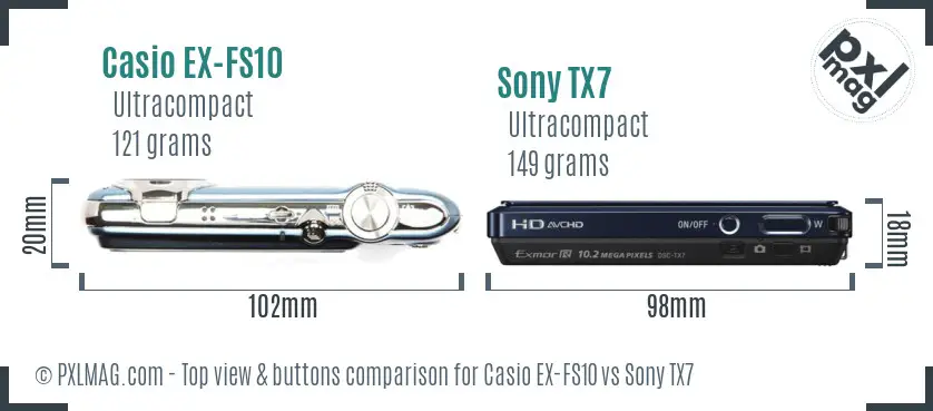 Casio EX-FS10 vs Sony TX7 top view buttons comparison Casio EX-FS10 vs Sony TX7 top view buttons comparison