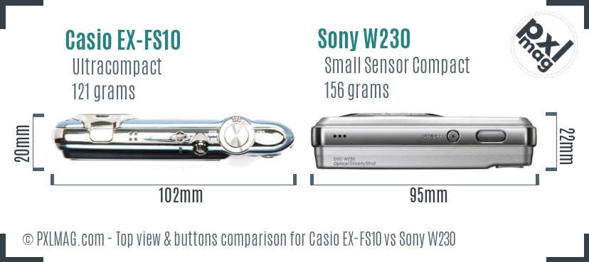 Casio EX-FS10 vs Sony W230 top view buttons comparison