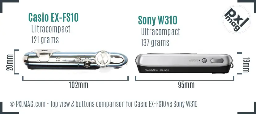 Casio EX-FS10 vs Sony W310 top view buttons comparison Casio EX-FS10 vs Sony W310 top view buttons comparison