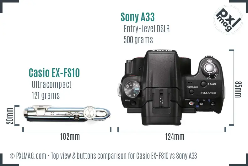 Casio EX-FS10 vs Sony A33 top view buttons comparison
