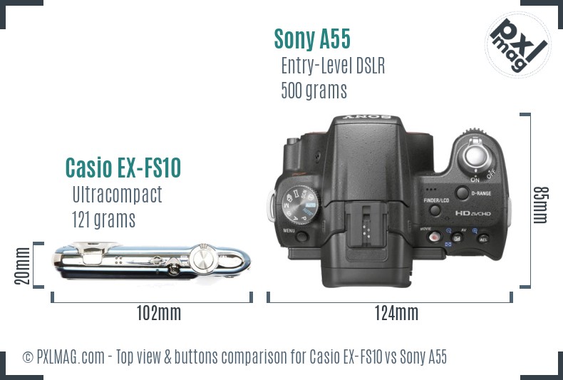 Casio EX-FS10 vs Sony A55 top view buttons comparison