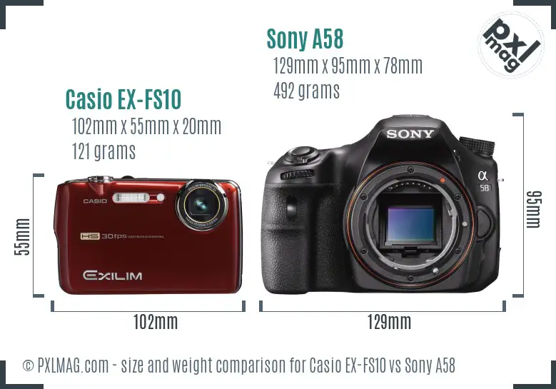 Casio EX-FS10 vs Sony A58 size comparison