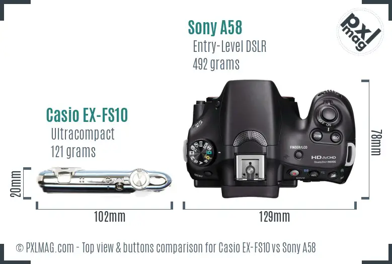 Casio EX-FS10 vs Sony A58 top view buttons comparison