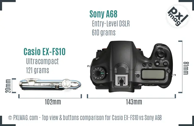 Casio EX-FS10 vs Sony A68 top view buttons comparison Casio EX-FS10 vs Sony A68 top view buttons comparison
