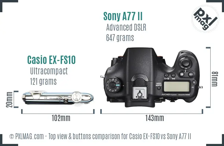 Casio EX-FS10 vs Sony A77 II top view buttons comparison Casio EX-FS10 vs Sony A77 II top view buttons comparison