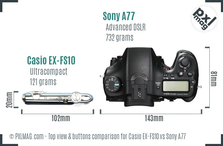 Casio EX-FS10 vs Sony A77 top view buttons comparison