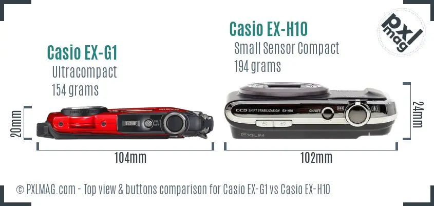 Casio EX-G1 vs Casio EX-H10 top view buttons comparison