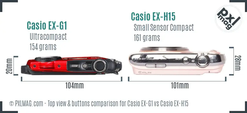 Casio EX-G1 vs Casio EX-H15 top view buttons comparison