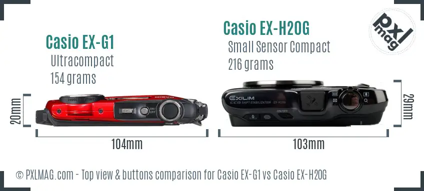 Casio EX-G1 vs Casio EX-H20G top view buttons comparison