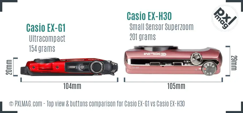 Casio EX-G1 vs Casio EX-H30 top view buttons comparison