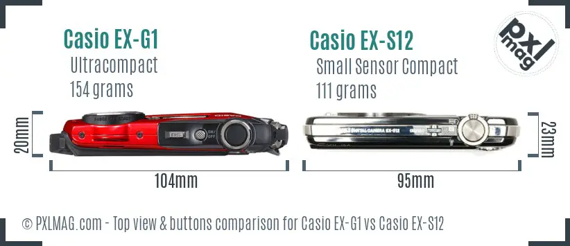 Casio EX-G1 vs Casio EX-S12 top view buttons comparison