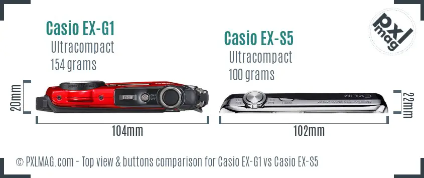 Casio EX-G1 vs Casio EX-S5 top view buttons comparison