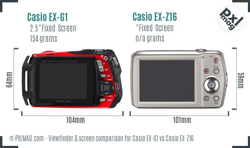 Casio EX-G1 vs Casio EX-Z16 Screen and Viewfinder comparison