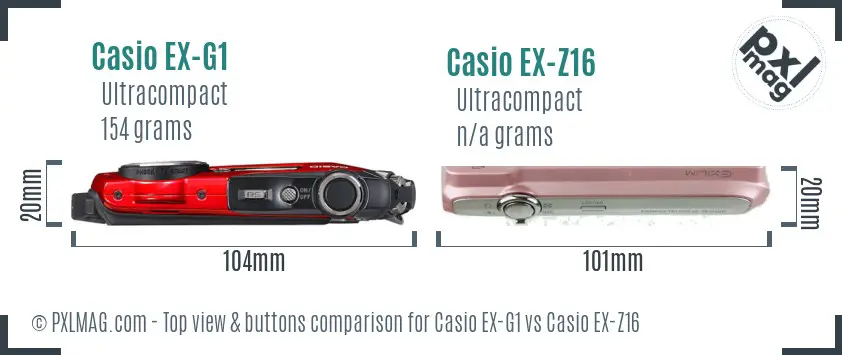 Casio EX-G1 vs Casio EX-Z16 top view buttons comparison