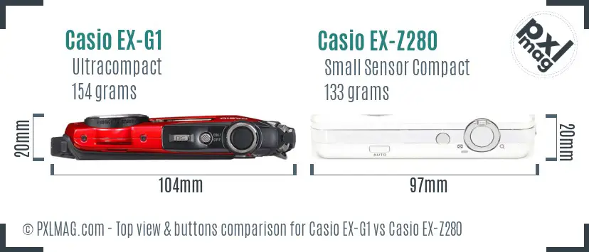Casio EX-G1 vs Casio EX-Z280 top view buttons comparison