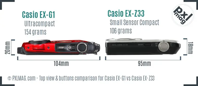 Casio EX-G1 vs Casio EX-Z33 top view buttons comparison