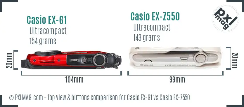 Casio EX-G1 vs Casio EX-Z550 top view buttons comparison