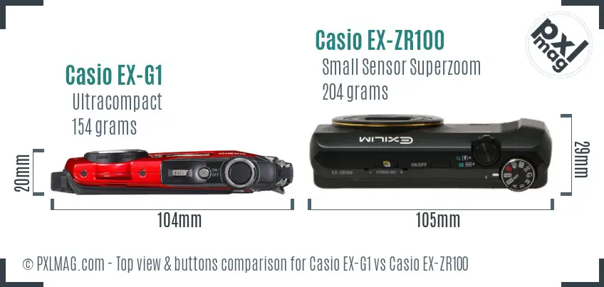 Casio EX-G1 vs Casio EX-ZR100 top view buttons comparison