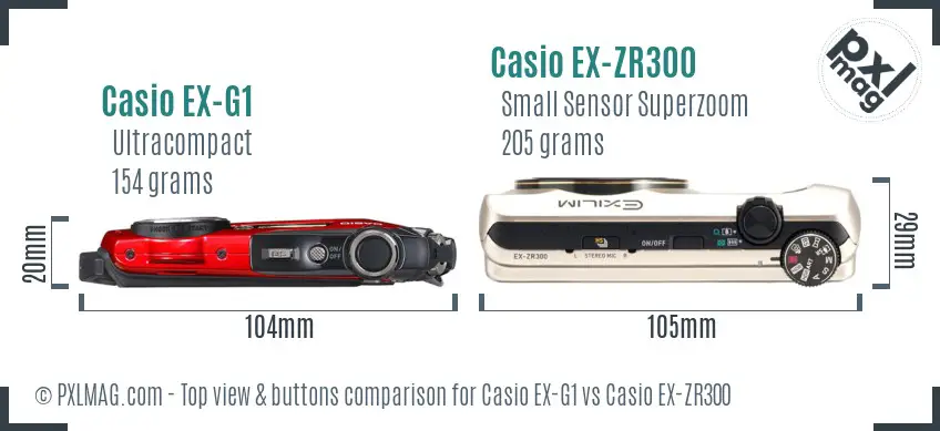 Casio EX-G1 vs Casio EX-ZR300 top view buttons comparison